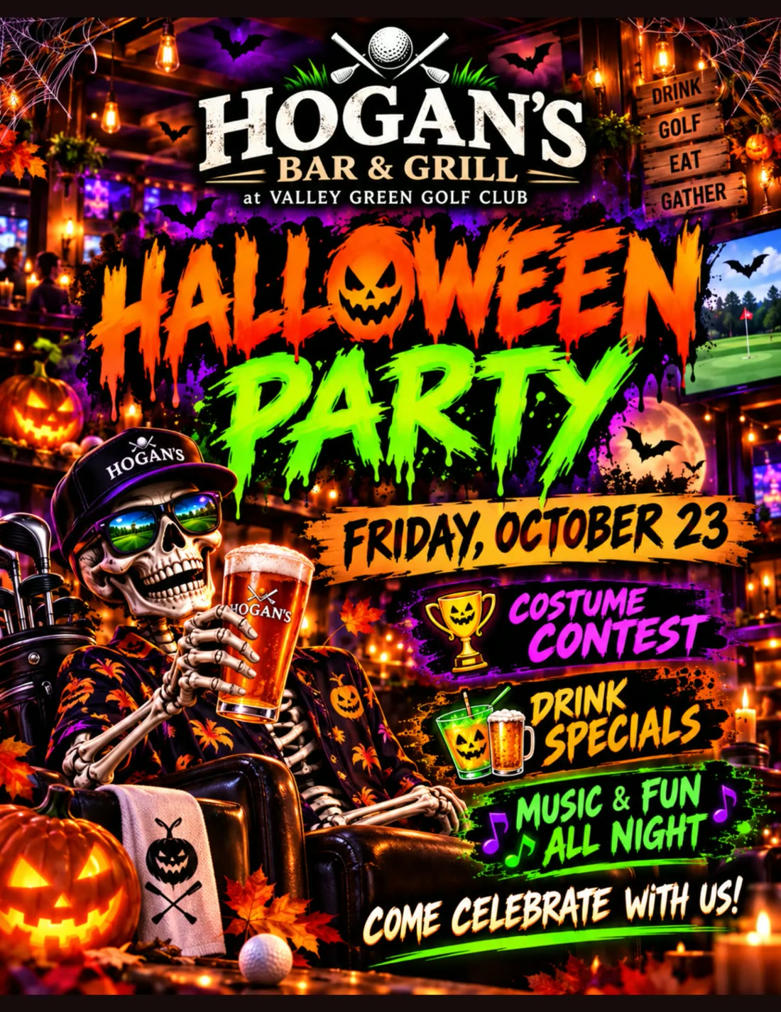 Hogan's Bar & Grill flyer: Halloween Party on Friday, October 23 — costume contest, drink specials, music and fun all night.